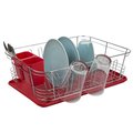 Home Basics 3 Piece  Chrome Plated Steel and Plastic Dish Rack, Red DD47837